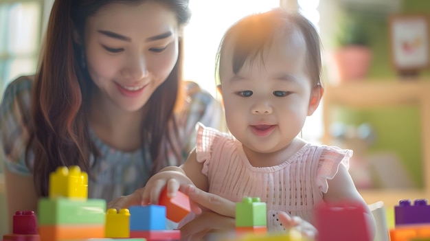 写真 愛する 母 は 幼児 の 娘 に 晴れ た 幼稚 園 で 色々 な ブロック を 積み重ねる こと を 教え て い ます