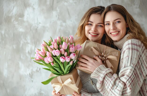 любящие матери с подарками с тюльпанами и букетами
