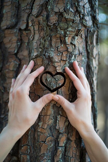 Фото Любящие природу руки образуют форму сердца на дереве