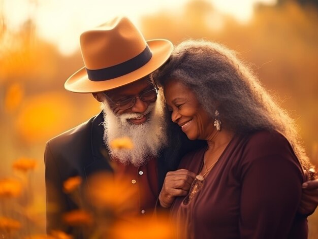 Loving old african american couple is enjoying a romantic autumn day