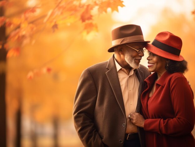 Loving old african american couple is enjoying a romantic autumn day