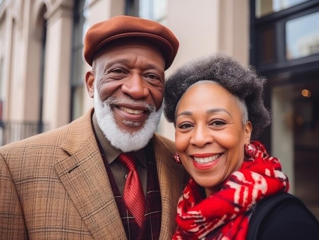 Loving old african american couple is enjoying a romantic winter day