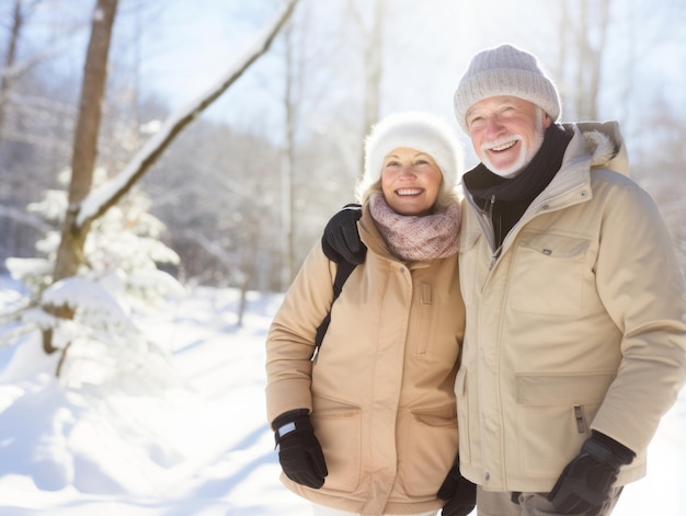 Loving old couple is enjoying a romantic winter day