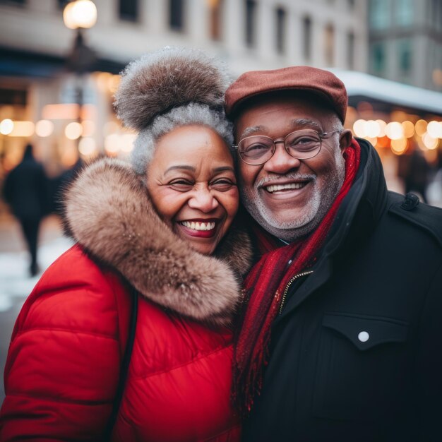 Loving old interracial couple is enjoying a romantic winter day