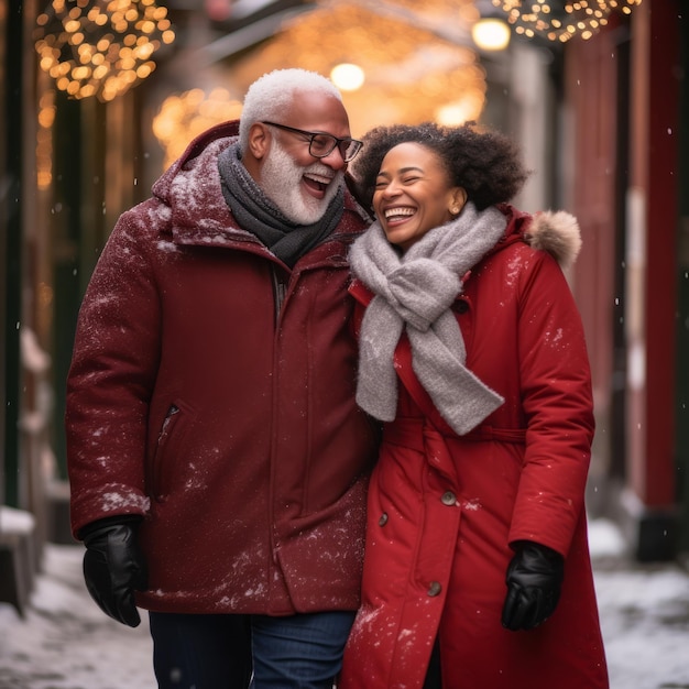 Loving old interracial couple is enjoying a romantic winter day