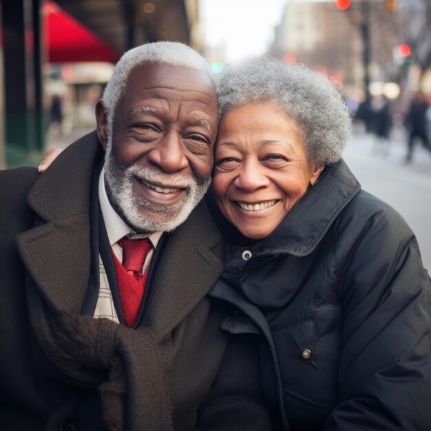 Loving old interracial couple is enjoying a romantic winter day