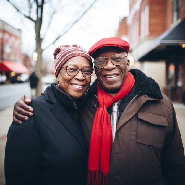 Loving old interracial couple is enjoying a romantic winter day