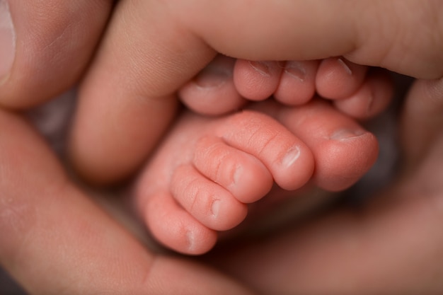 愛する親は赤ちゃんの足を保持します。幸せな子供時代。親のケア。幸せな家族の概念。高品質の写真