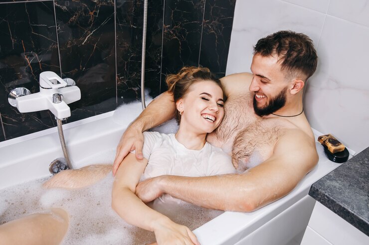The loving pleasures of a married couple in the bathroom