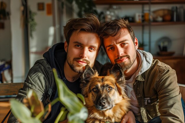 A loving samesex couple shares a close embrace with their dog in a warmly lit home setting