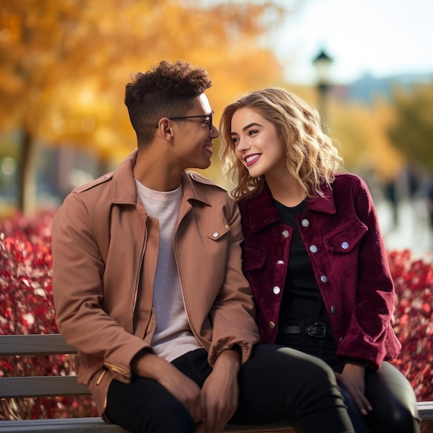 Loving teenage interracial couple is enjoying a romantic autumn day