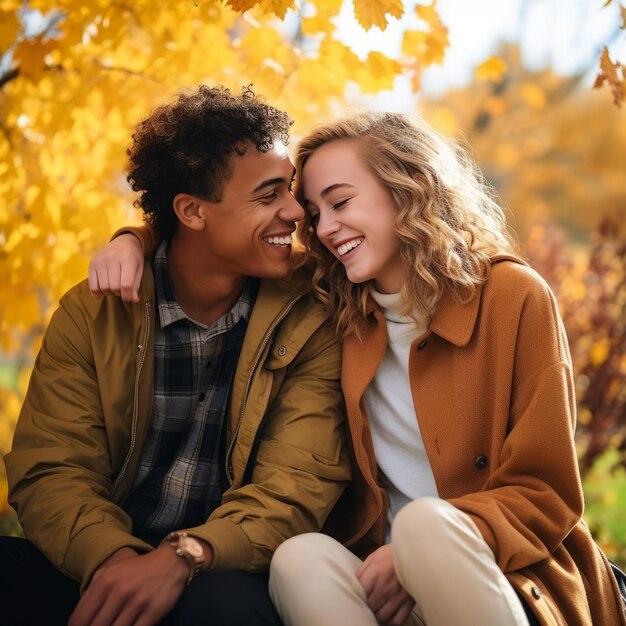 사랑하는 10대 다인종 커플이 낭만적인 가을날을 즐기고 있습니다.