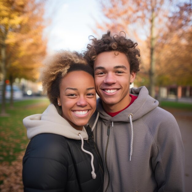 Loving teenage interracial couple is enjoying a romantic autumn day