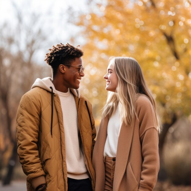 Loving teenage interracial couple is enjoying a romantic autumn day