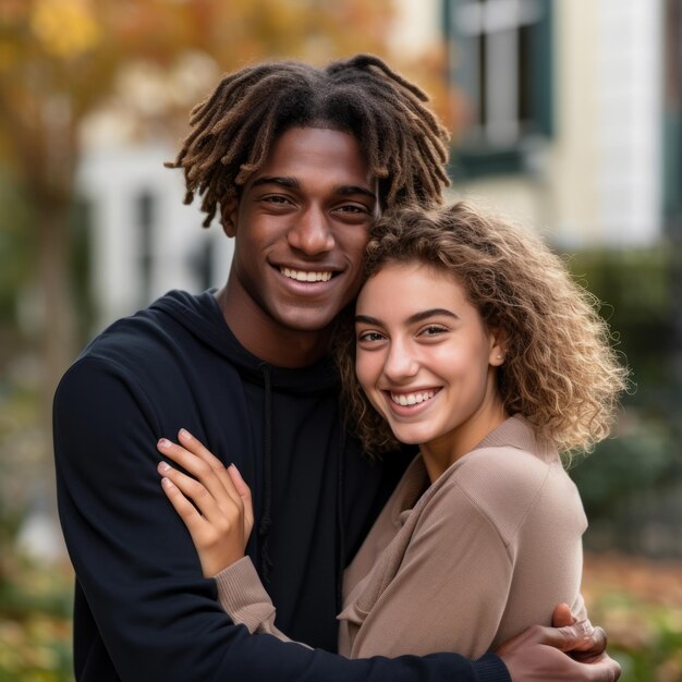 Photo loving teenage interracial couple is enjoying a romantic autumn day