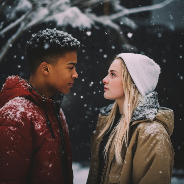 Loving teenage interracial couple is enjoying a romantic winter day