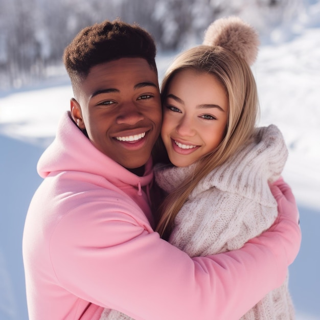 Loving teenage interracial couple is enjoying a romantic winter day