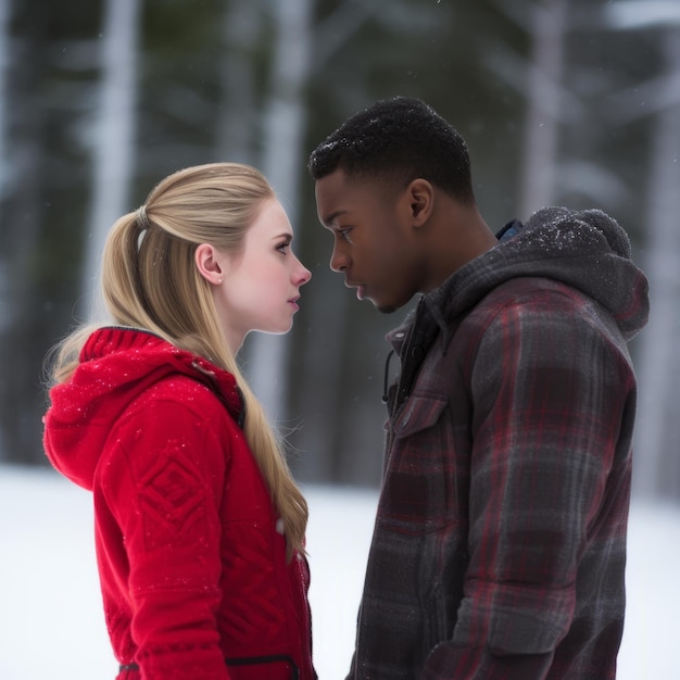 Loving teenage interracial couple is enjoying a romantic winter day