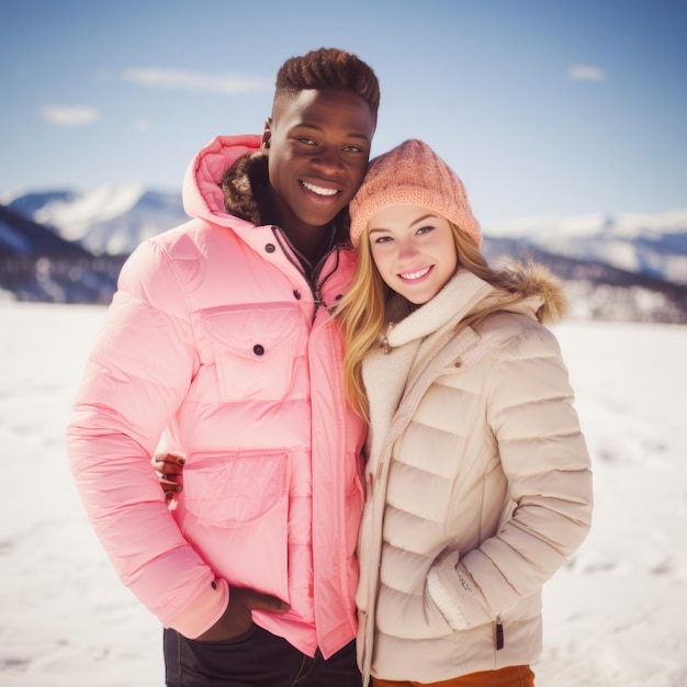 Loving teenage interracial couple is enjoying a romantic winter day