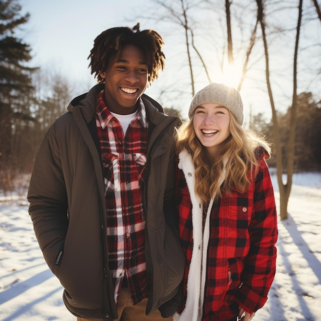 Loving teenage interracial couple is enjoying a romantic winter day