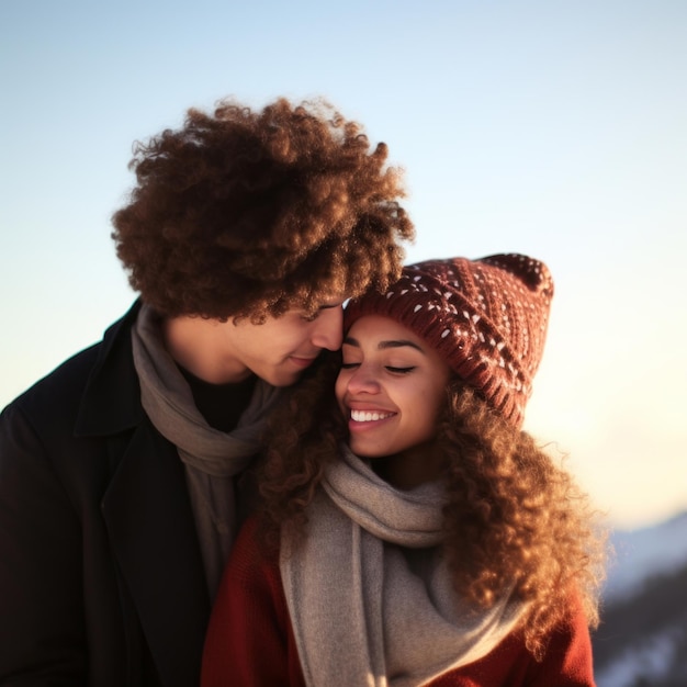 Loving teenage interracial couple is enjoying a romantic winter day