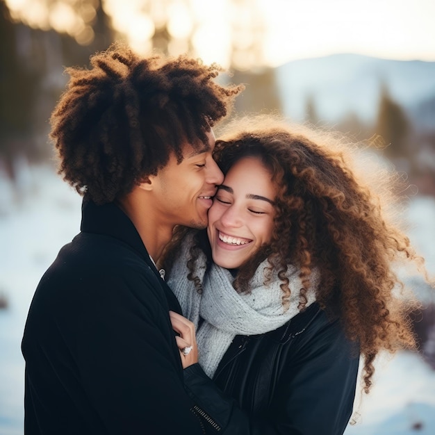 Loving teenage interracial couple is enjoying a romantic winter day