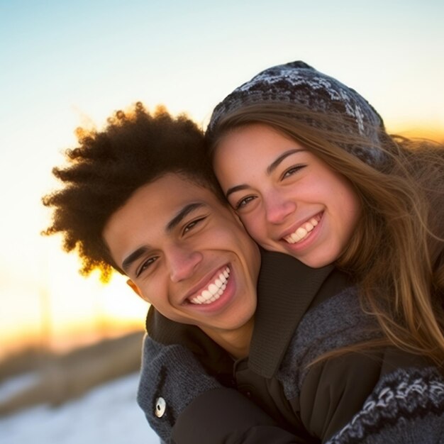 Loving teenage interracial couple is enjoying a romantic winter day