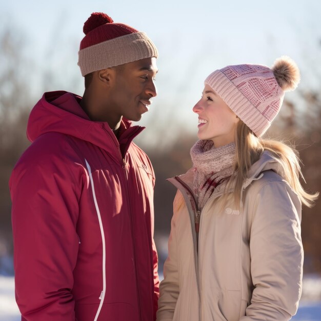 Loving teenage interracial couple is enjoying a romantic winter day