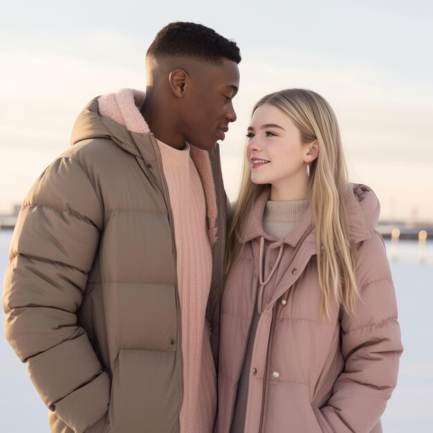 Loving teenage interracial couple is enjoying a romantic winter day