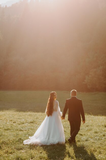 Loving wedding couple kissing in mountains at sunset. Portrait of bride and groom