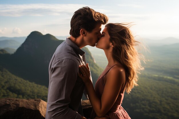 Loving young couple kissing passionately at sunset with mountains background by Generative Ai