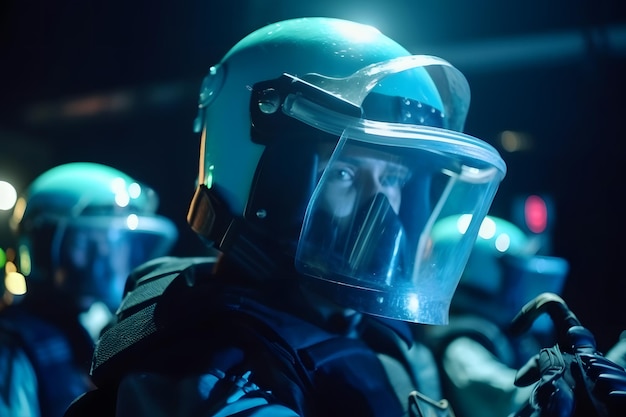 Low angle of anonymous police soldiers in protective uniforms and helmets standing against squad van and defending by riot shields Neural network AI generated