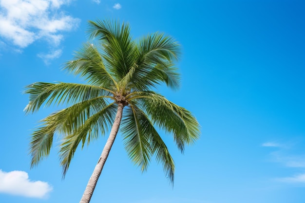 Low angle beautiful coconut palm tree with blue sky background