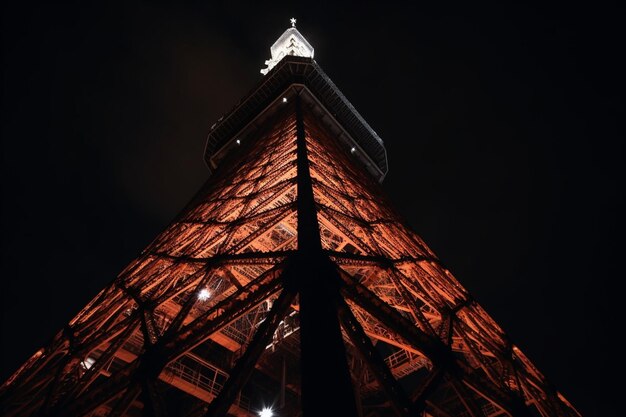 Low angle close up shot of the top of tokyo tower in japan with a dark background