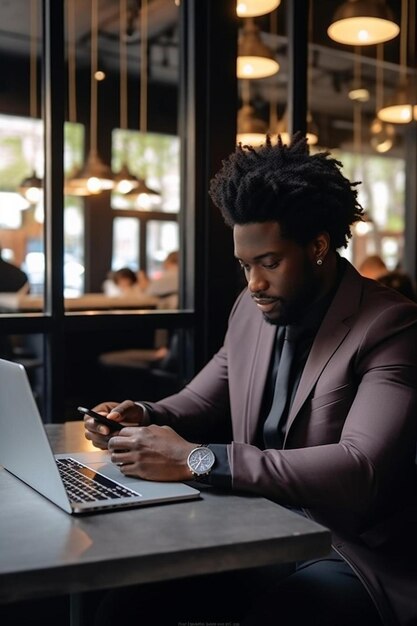 Photo low angle of concentrated young black male remote worker with dark afro hair in classy suit talking