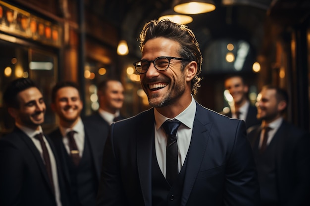 Low angle of confident boss in dark suit carrying sunglasses and smartphone and looking away while standing near shrub outside modern buildings on city street