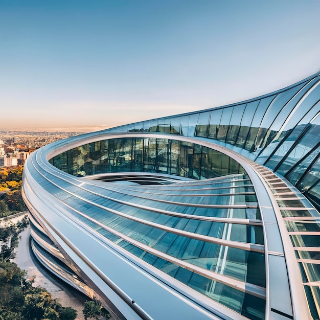 Low angle of curved glass roof with geometric shapes of modern building designed in futuristic style