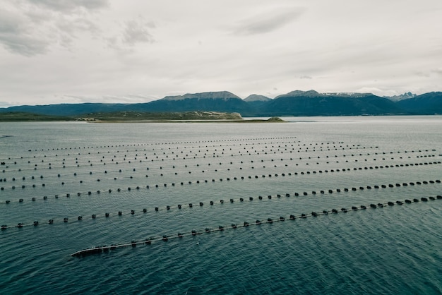 Low angle drone image of a fish farm in patagonia