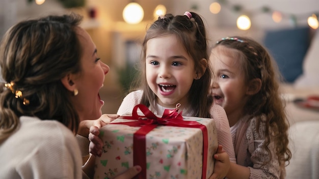 Low angle girl surprising mom with gift