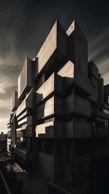 Low angle greyscale of a building with modern brutalist architecture under the sunlight