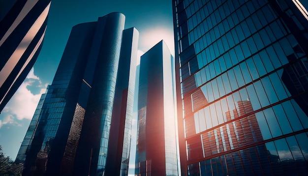 Низкоугольное изображение типичных современных офисных башен, высоких конструкций со стеклянными фасадами, концепции финансовой и экономической основы Генеративный ИИ