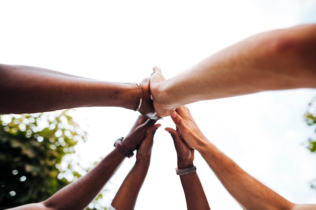 Foto mani intercultutali ad angolo basso unite