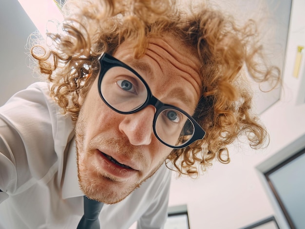 Low angle portrait of a concentrated business man wearing glasses