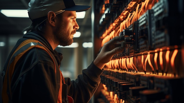 Low angle portrait of young man using digital server cabinet generated by AI