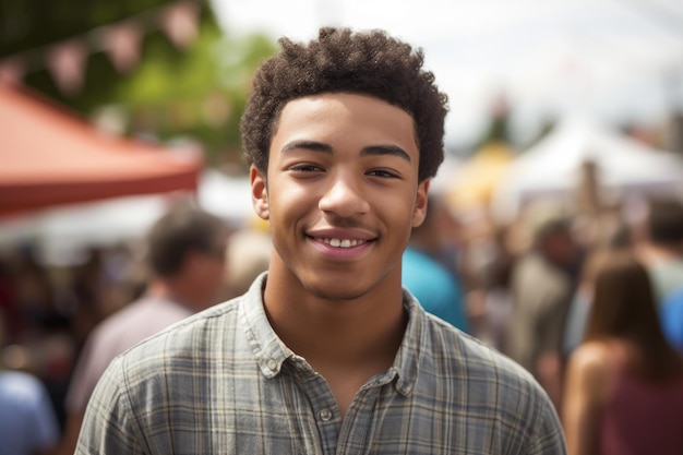 Low angle portrait of a young man volunteering at a community event created with generative ai