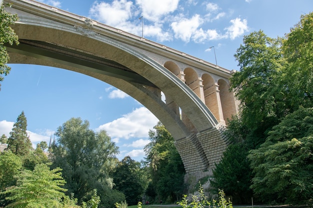 Low-angle shot of the Adolphe Bridge in Luxembourg