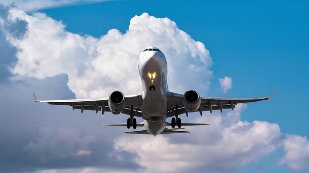 Photo low angle shot of an airplane descending from a clouded sky