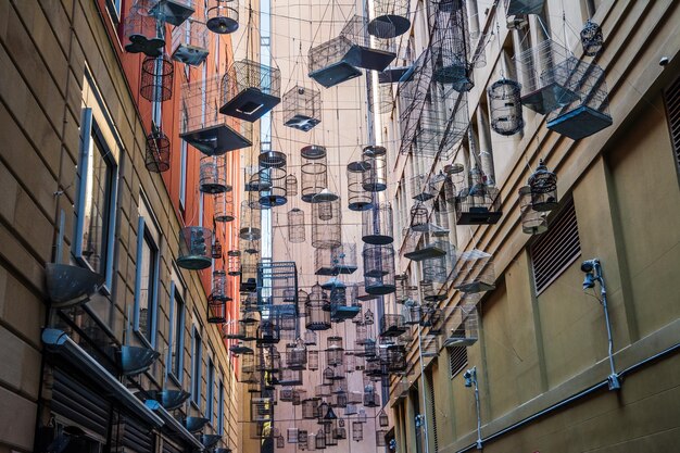 Low angle shot of birdcages attached to ropes in the middle of buildings