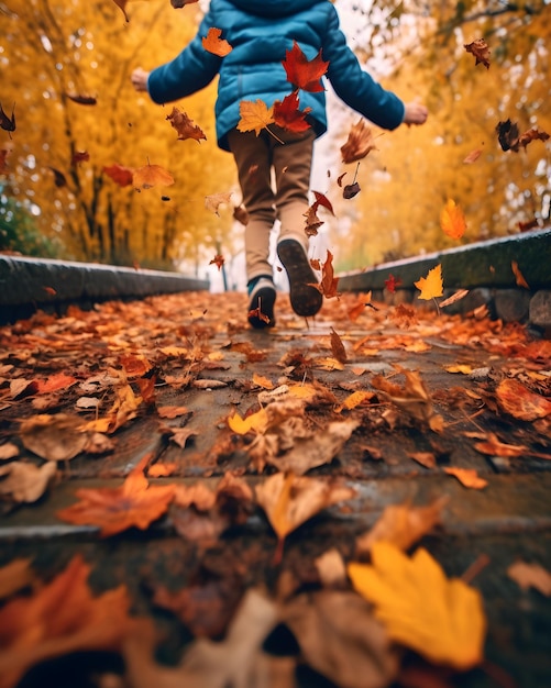 Foto inquadratura dal basso delle gambe di un bambino che attraversano un sentiero coperto di foglie autunnali colorate