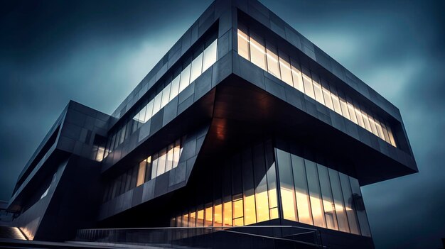 Low angle shot of a dark creative modern building with outstanding architectural twists Generative AI